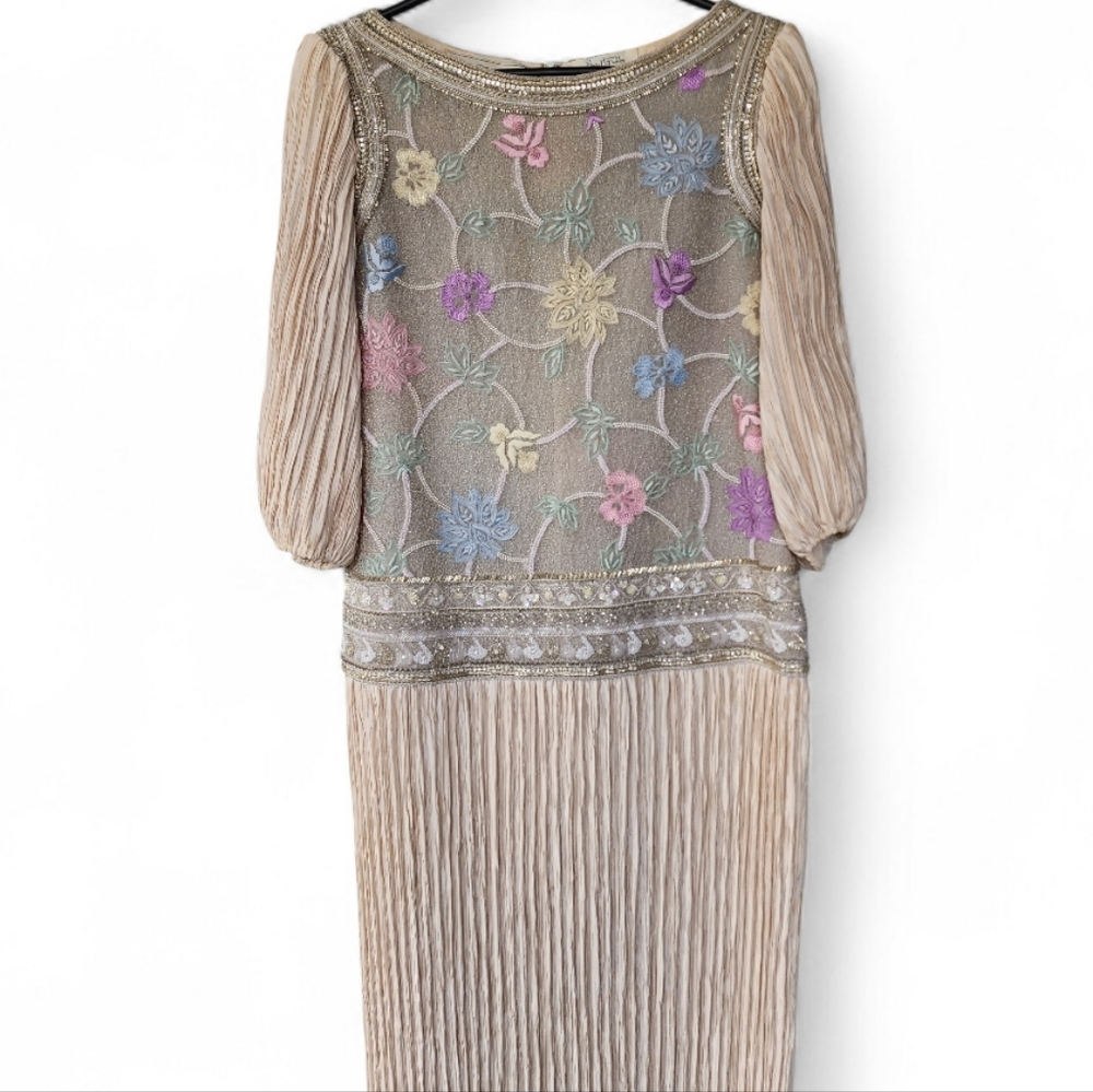 Mary Mcfadden Elegant Floral Embroidered Sequined Dress Sz 8 - Picture 7 of 16